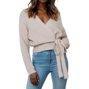 Women's Casual V Neck Wrap Sweater Pullovers Lightweight Ribbed Drop Shoulder Knitted Tops