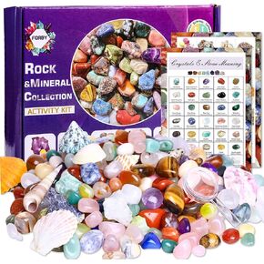 200Pcs+ Natural Crystals Stones Set & Healing Crystal Set Rock Collection -Raw Stones & Geodes & Tumbled Stones Set for Decoration Chakra Reiki Gift Balancing Energy Kids Beginners