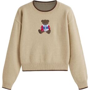 CIDER Womens Sweaters Fall Long Sleeve Bear Graphic Crewneck Sweater Soft Knit Casual Cropped Pullover Cute Fall Outfits 2024 in Kuwait