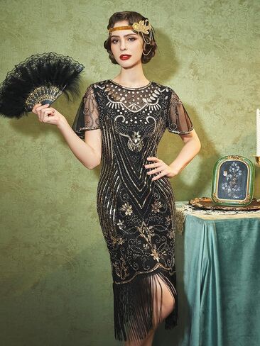 فساتين SWEETV Flapper فساتين 1920s للنساء، رقبة دائرية، فساتين Great Gatsby مع أكمام طافرة 20s لليالي Harlem in Kuwait
