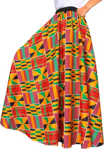 Afibi Women African Skirt Printed Ankara Maxi Skirt Dashiki Long Skirts with Pockets in Saudi Arabia