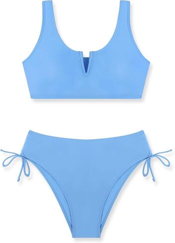 Girls Swimsuit 2 Piece V-Neck Cutout Girls' Swimwear Top High Waisted Bottom Bathing Suits for Teens 7-16 Years in Kuwait