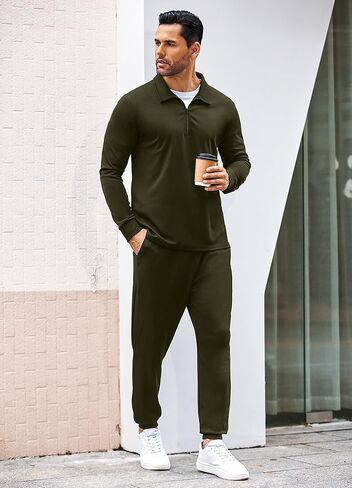 COOFANDY Men's Tracksuit 2 Piece Quarter Zip Polo Athletic Sweatsuits Casual Running Jogging Sport Suit Sets in Kuwait