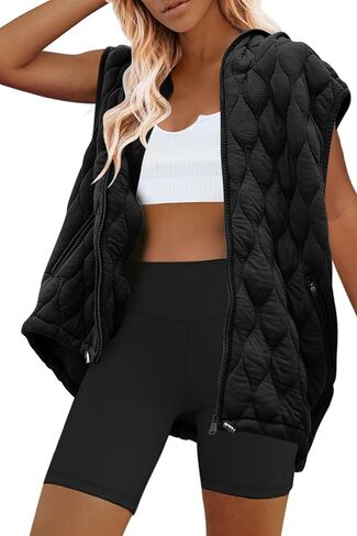 SENSERISE Womens Oversized Puffer Vest Sleeveless Quilted Jacket Zip Up Hoodie Winter Coat with Pockets Padded Gilet in Kuwait