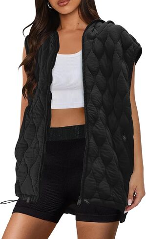 SENSERISE Womens Oversized Puffer Vest Sleeveless Quilted Jacket Zip Up Hoodie Winter Coat with Pockets Padded Gilet in Kuwait