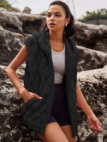 SENSERISE Womens Oversized Puffer Vest Sleeveless Quilted Jacket Zip Up Hoodie Winter Coat with Pockets Padded Gilet in Kuwait