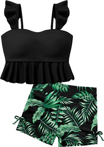 الفتيات ملابس السباحة فتاة ثوب السباحة قطعتين كشكش مبطن Tankini الأعلى الاستوائية طباعة السراويل الفتيات ملابس السباحة مجموعة 7-16T in Saudi Arabia
