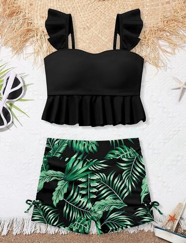 الفتيات ملابس السباحة فتاة ثوب السباحة قطعتين كشكش مبطن Tankini الأعلى الاستوائية طباعة السراويل الفتيات ملابس السباحة مجموعة 7-16T in Saudi Arabia