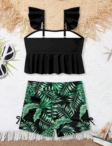 الفتيات ملابس السباحة فتاة ثوب السباحة قطعتين كشكش مبطن Tankini الأعلى الاستوائية طباعة السراويل الفتيات ملابس السباحة مجموعة 7-16T in Saudi Arabia
