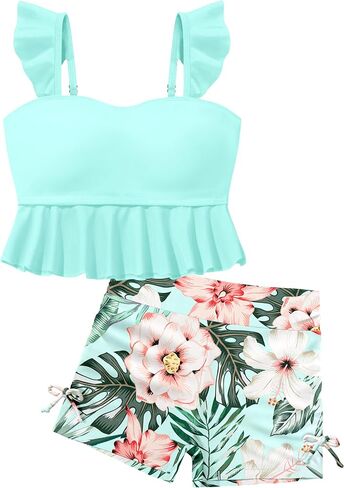 الفتيات ملابس السباحة فتاة ثوب السباحة قطعتين كشكش مبطن Tankini الأعلى الاستوائية طباعة السراويل الفتيات ملابس السباحة مجموعة 7-16T in Saudi Arabia