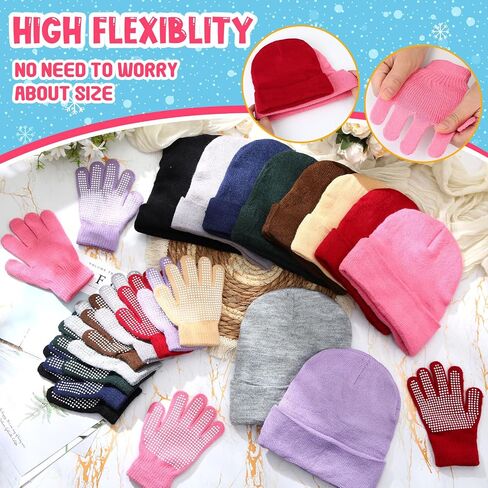 Kids Winter Hats and Gloves Bulk Knit Warm Beanie with Full Finger Anti-Slip Gloves Unisex Cold Weather Set in Saudi Arabia