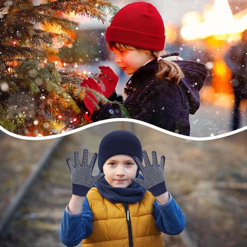Kids Winter Hats and Gloves Bulk Knit Warm Beanie with Full Finger Anti-Slip Gloves Unisex Cold Weather Set in Saudi Arabia