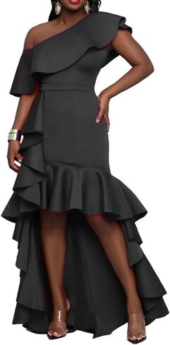 IWFEV Asymmetric One Shoulder Falbala Mermaid Dress Sleeveless Women's Maxi Dress Ruffle Dress in Kuwait