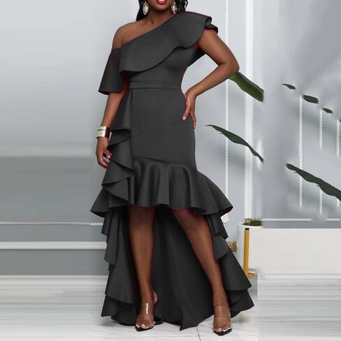 IWFEV Asymmetric One Shoulder Falbala Mermaid Dress Sleeveless Women's Maxi Dress Ruffle Dress in Kuwait