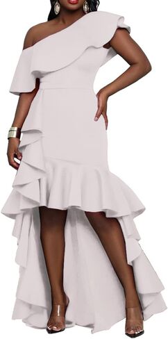 IWFEV Asymmetric One Shoulder Falbala Mermaid Dress Sleeveless Women's Maxi Dress Ruffle Dress in Kuwait