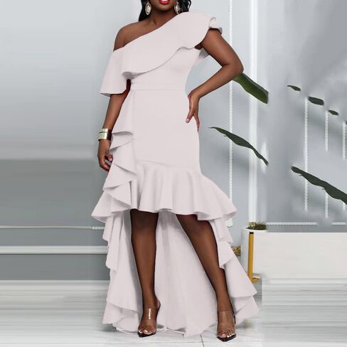 IWFEV Asymmetric One Shoulder Falbala Mermaid Dress Sleeveless Women's Maxi Dress Ruffle Dress in Kuwait