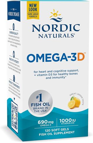 Nordic Naturals Omega-3D, Lemon Flavor - 120 Soft Gels - 690 mg Omega-3 + 1000 IU Vitamin D3 - Fish Oil - EPA & DHA - Immune Support, Brain & Heart Health, Healthy Bones - Non-GMO - 60 Servings in Saudi Arabia
