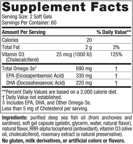 Nordic Naturals Omega-3D, Lemon Flavor - 120 Soft Gels - 690 mg Omega-3 + 1000 IU Vitamin D3 - Fish Oil - EPA & DHA - Immune Support, Brain & Heart Health, Healthy Bones - Non-GMO - 60 Servings in Saudi Arabia