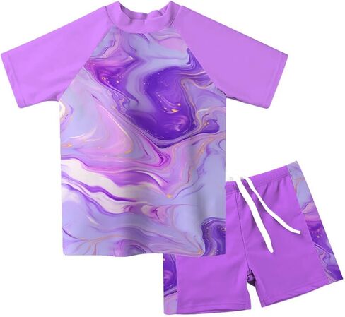AIDEAONE Girls Rash Guard Swimsuit Short Sleeve Two Piece Bathing Suit Size 3-12T in Saudi Arabia