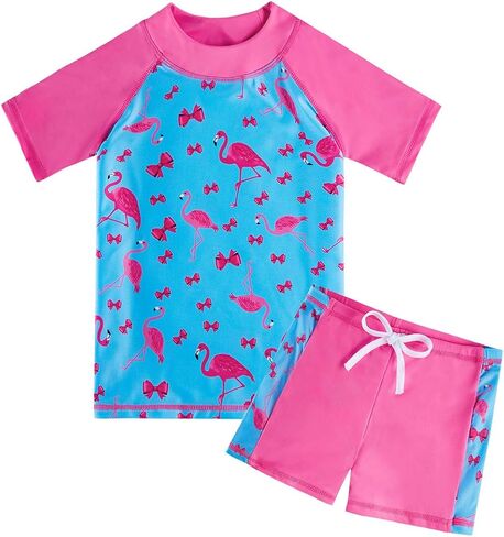 AIDEAONE Girls Rash Guard Swimsuit Short Sleeve Two Piece Bathing Suit Size 3-12T in Saudi Arabia
