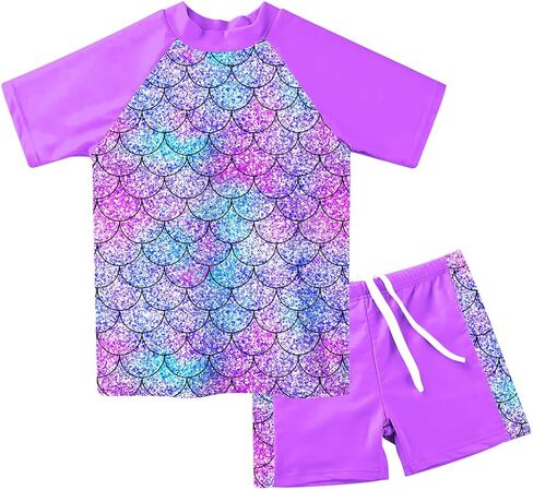 AIDEAONE Girls Rash Guard Swimsuit Short Sleeve Two Piece Bathing Suit Size 3-12T in Saudi Arabia