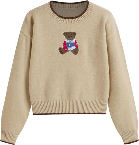 CIDER Womens Sweaters Fall Long Sleeve Bear Graphic Crewneck Sweater Soft Knit Casual Cropped Pullover Cute Fall Outfits 2024 in Kuwait