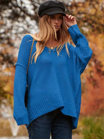 ANRABESS Women's Oversized Casual Loose Slouchy Scoop V Neck Batwing Long Sleeve Knit 2024 Fall Pullover Sweaters in Saudi Arabia