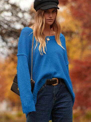 ANRABESS Women's Oversized Casual Loose Slouchy Scoop V Neck Batwing Long Sleeve Knit 2024 Fall Pullover Sweaters in Saudi Arabia