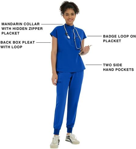 قمصان تنظيف طبية للنساء - قمصان تنظيف ذات ياقة ماندرين مطاطية ناعمة مقاس كبير مع جيبين in Kuwait