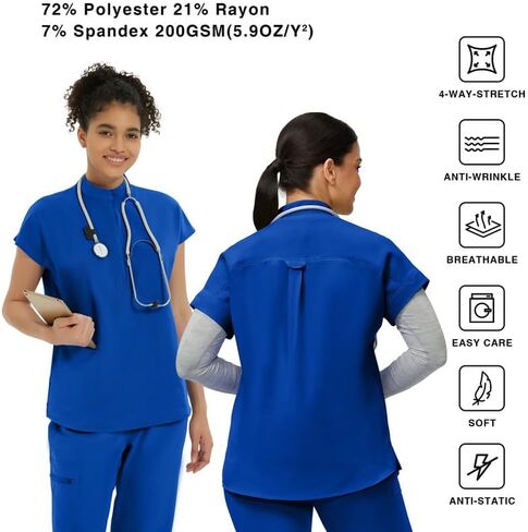 قمصان تنظيف طبية للنساء - قمصان تنظيف ذات ياقة ماندرين مطاطية ناعمة مقاس كبير مع جيبين in Kuwait