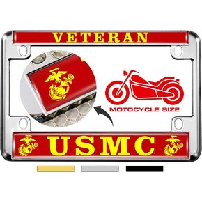 [Officially Licensed US Marine Corps Product] - Motorcycle Domed Custom-Made Personalized Metal License Plate Frame Frame with USMC Veteran Design - Black