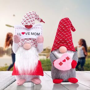 2 Pcs Mothers Day Gnomes Decoration, Handmade I Love Mom Mothers Day Birthday Gift Gnome Decor Swedish Tomte Stuffed Gnome Plush Standing Dwarf Doll Knomes Ornaments for Home Kitchen Tiered Tray Table