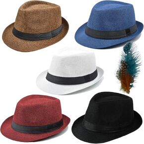 5 Pack Bulk Cuban Fedora Sun Hats Men with Adjustable Strap, Short Brim 1920s Unisex Party Costume Hats Women.