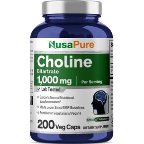 NusaPure Choline Bitartrate 1000 mg 200 Veggie Capsules (Vegetarian, Non-GMO)