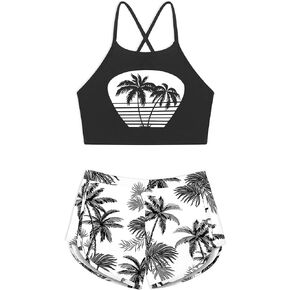 Girls Swimsuit Little Girls Tankini Swimsuit Cross Back Girls Bathing Suit with Boyshort Two Piece Kids Swimsuits