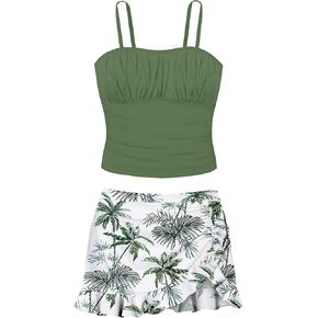Girls Tankini Swimsuits Two Piece Tropical Print Pleated Bathing Suit with Ruffle Drawstring Skirt Swimwear 9-16T
