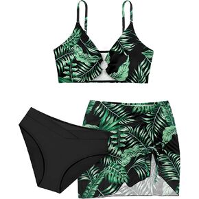 Boilcat Girls Swimsuit 3 Piece Girls Bathing Suit Tropical Floral Bikini Set with Cover Up Skirt Girls' Swimwear 9-16 Years