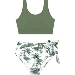 Girl Swimsuit Bikini Set Tropical Print Bathing Suit Two Piece Girls' Swimwear with Tie Side Knot 7-14T