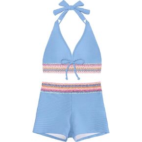 Girls Swimsuit Halter Girls Bathing Suit V-Neck Bikini Set with Knot Two Piece Girls' Swimwear for 9-16 Years