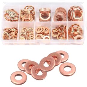 200 PCS Car High Temperature Resistant Copper Metric Sealing Gasket Assortment Combination Set, M5 M6 M8 M10 M12 M14 Multi-Size Leak-Proof Sealing Oil Pan Plug Gasket, Repair Parts (Gold)