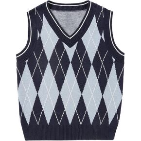 Boys Argyle Sweater Vest V-Neck Uniform Sleeveless Vest Kids Over Size Casual Knit Sweaters for Children 5-14Y