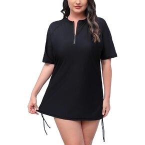 Halcurt Women's Plus Size Half Zip Short Sleeve Rash Guard Swim Top Drawstring Swim Shirt UPF50+ Swimsuit