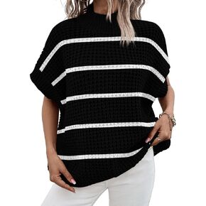 Pink Queen Women's Mock Neck Batwing Short Sleeve Loose Oversized Knit Pullover Sweater Jumper Tops