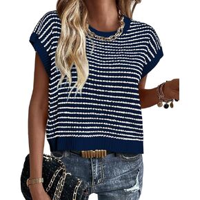PRETTYGARDEN Womens Spring Summer Sweaters 2025 Casual Round Neck Cap Sleeve Vests Trendy Striped Pullover Knit Tops