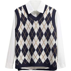 Lailezou Women's V Neck Knit Sweater Vest Argyle Plaid Preppy Style Sleeveless Crop Knitwear Tank