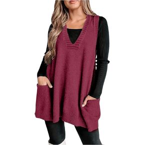 SOLY HUX Women's Plus Size Sweater Vest V Neck Sleeveless Loose Fit Knit Pullover Tank Tops with Pockets