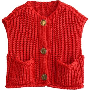 YKR Womens Chunky Knit Sweater Vest Sleeveless Button Down Cropped Cardigan Casual Knitted Crochet Vest with Pockets in Kuwait