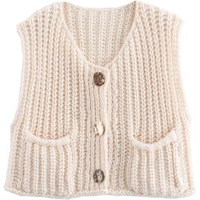 YKR Womens Chunky Knit Sweater Vest Sleeveless Button Down Cropped Cardigan Casual Knitted Crochet Vest with Pockets