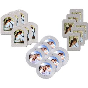 15 Pieces Magnetic Christmas Photo Frame Ornaments with Twine Glitter Holiday Picture Frame Gifts and Tree Decoration for Christmas Party Favor (Round, Square, Door Type) (Silver)