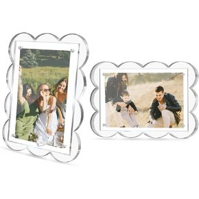 2 Pack 5x7 Acrylic Frame, Clear Magnetic Picture Frames, Scalloped Lucite Plexiglas Floating Photo Frame for Tabletop Vertical and Horizontal Display